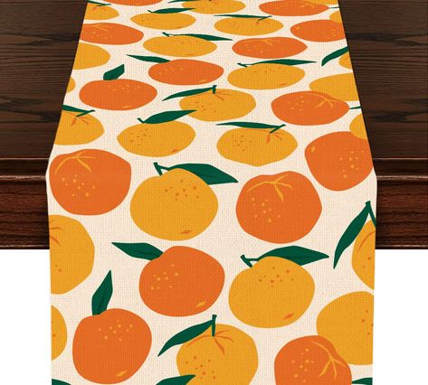 PRICES MAY VARY. Size: This table runner is 13 x 71 inch, appropriate for a table that can seat 4-6 people, better match your table that works with any style, and give you a delightful dining experience. Comfortable Cotton Linen Material: Our table runner is strong cotton and linen material, with slight elasticity and has a certain degree of waterproof effect; sturdy sewing, soft and durable.  Use a table runner as a colorful centerpiece this while protecting your table's surface from hot pans, Tutti Frutti Birthday Party, Fruit Botanical, Colorful Centerpieces, Orange Baby Shower, Orange Table, Printed Table Runner, Watercolor Fruit, Runner Kitchen, Lemon Decor