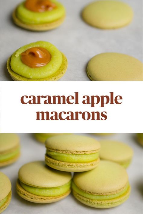 three macarons stacked in a triangle in lower half, open faced macaron in upper half, text reads "caramel apple macarons" Apple Macarons, White Chocolate Ganache Filling, Caramel Apple Kits, Salted Caramel Filling, French Macaroon Recipes, Ganache Filling, Caramel Filling, Chocolate Ganache Filling, Macaroon Cookies