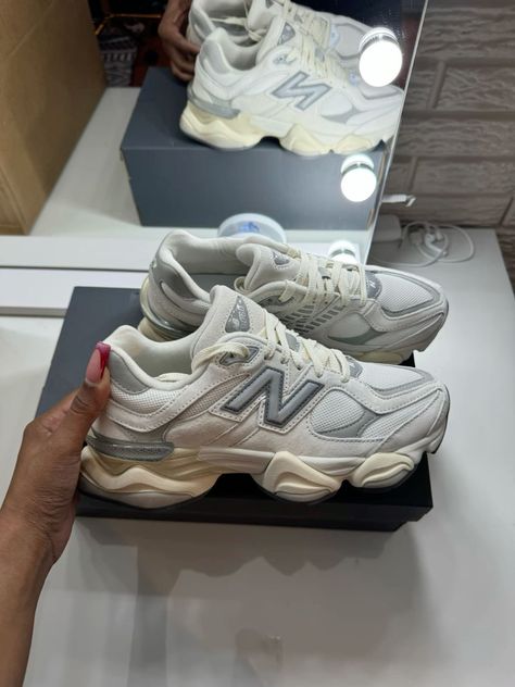 New Balance 9060 Sea Salt, Pretty Sneakers, New Balance 9060, New Balance White, Trendy Shoes Sneakers, Pretty Shoes Sneakers, Shoes Heels Classy, Nike Air Shoes, Cute Nike Shoes