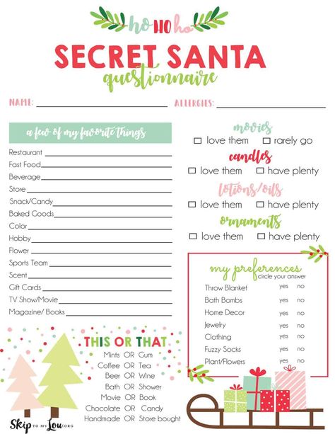 Secret Santa questionnaire Free Secret Santa Questionnaire, Printable Secret Santa Questionnaire, Secret Santa Questions, Secret Santa Templates, Secret Santa Form, Secret Santa List, Santa Questionnaire, Restaurant Candles, Work Secret Santa