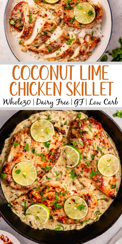 This Whole30 coconut lime chicken skillet is a gluten free, dairy free, and paleo chicken recipe that is made all in one pan! The creamy coconut sauce and chicken breasts are perfectly seasoned with lime, onion, cilantro and garlic. It all comes together in about 30 minutes, and is great for an easy Whole30 dinner that's family friendly, or a healthy meal prep recipe for lunches during the week. #coconutchicken #whole30chicken #whole30skillet #onepanmeal Whole30 Dinner, Coconut Lime Chicken, Dairy Free Recipes Dinner, Dairy Free Low Carb, Whole 30 Meal Plan, Whole30 Dinner Recipes, Easy Whole 30 Recipes, Chicken Skillet, Whole30 Dinners