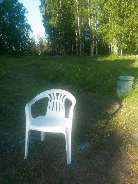 Lawn Chair Aesthetic, White Plastic Chair, Plastic Chair Design, White Plastic Chairs, Plastic Decking, Summer Moodboard, Plastic Garden, Random Places, Lawn Chair