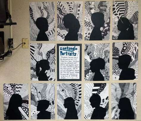 Zentangle Silhouette Art, Zentangle Silhouette, Classe D'art, 7th Grade Art, 8th Grade Art, Middle School Art Projects, Art Lessons Middle School, 6th Grade Art, 5th Grade Art