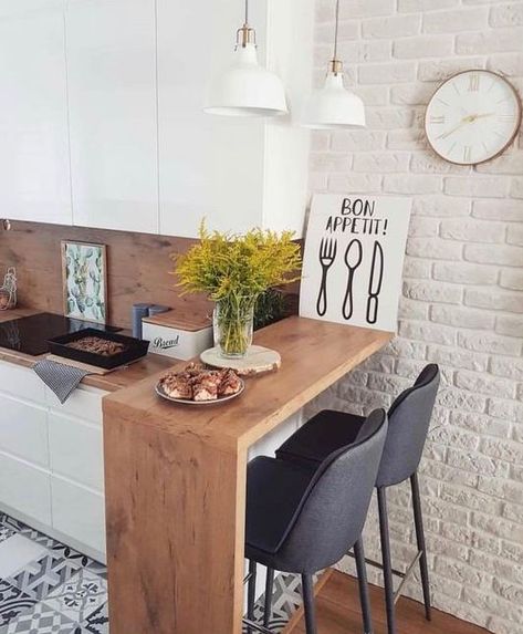 Kitchen Table Small Space, Very Small Kitchen Design, Small Kitchen Table, Small Kitchen Tables, Apartment Studio, Kabinet Dapur, Small Kitchen Decor, Studio Kitchen, Brick Walls