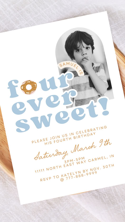 four ever sweet birthday party invitation / 4th birthday theme / 4th bday ideas / 4th birthday ideas / boys 4th birthday theme / donut invite / blue boy invite / boys 4th birthday 4ever Birthday Party, 4th Birthday Invitations Boy, Birthday Party 4 Boy, 4 Year Birthday Party Themes, Fourth Birthday Theme Boy, 4yr Birthday Party Ideas Boy, 4 Yr Birthday Ideas Boy, 4 Th Birthday Party Boy, 4th Birthday Boy Theme