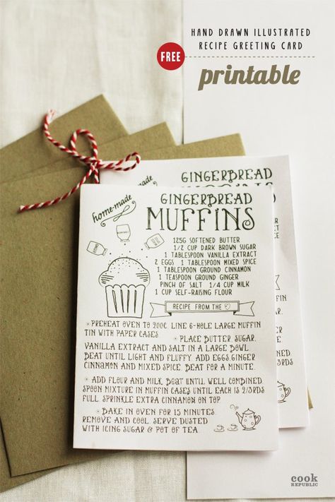 Free Printable – Hand Drawn Illustrated Christmas Recipe Greeting Card Template – Cook Republic Gingerbread Recipe Printable, Recipe Card Gift Ideas, Cute Recipe Book Ideas, Drawn Recipes, Cute Recipe Cards, Muffins Christmas, Christmas Muffins, Recipes Cards, Christmas Recipe Cards