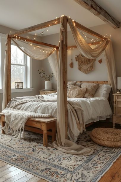 50+ AMAZING Unique BOHO Bedroom Decor Ideas (Wall, Furniture, Tips & a lot of Inspirations) 4 Poster Bed Fairy Lights, Four Pister Bed, Boho Room Canopy Bed, Room Decor Bedroom Bohemian, Boho 4 Poster Bed, Four Poster Bed Decor, Fpur Poster Bed, Bedroom Bed Drapes, Bedroom Inspirations Four Poster Bed