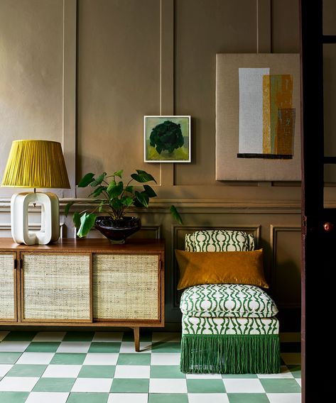 Yellow and green room ideas: 10 ways with natural tones | Analogous Color Scheme, Checkerboard Floor, Sculptural Furniture, Statement Chairs, Hallway Flooring, Living Room Trends, Green Room, Furniture Trends, Green Rooms