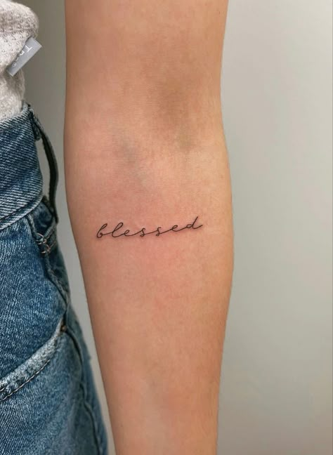 #aesthetic #dainty #fineline #femininity #tattoo Women Tattoos Fine Line, Blessed Script Tattoo, Fine Line Font Tattoo, Fine Line Tattoo Aesthetic, Small Fineline Tattoo Ideas, Fine Line Tattoo For Kids, Cursive Tattoos For Women, Fine Line Tattoos Women, Arm Script Tattoo