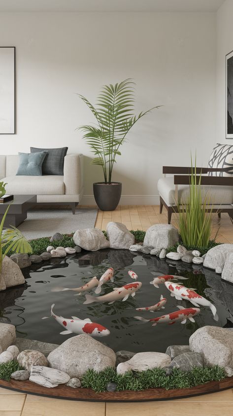 koi fish pond in living room Indoor Pond Ideas Living Rooms, Home Fish Pond, Koi Fish Pond Ideas, Indoor Koi Pond, Small Koi Pond, Pond Indoor, Fish Pond Ideas, Modern Pond, Small Fish Pond