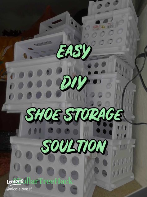 Easy DIY Shoe Storage Solution | Article posted by Nicole Love | Lemon8 Diy Shoe Storage Under Bed, Easy Shoe Organization, Ideas To Organize Shoes, Crates For Shoe Storage, Shoe Storage Ideas For Small Spaces Bedrooms, Easy Diy Shoe Storage, Tension Rod Shoe Storage, Dollar Store Shoe Storage, Diy Garage Shoe Storage Ideas