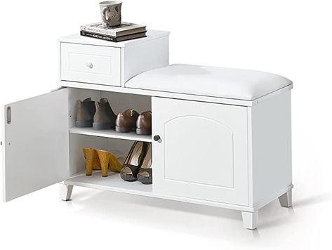 Organizedlife Wooden Shoe Storage Unit Bench with Cushion Seat and Doors,Shoe Cabinet with Removable Drawer for Entryway,White Shoe Storage Stool, Shoe Storage Cabinet Entryway, White Shoe Cabinet, Bench Cabinet, Storage Entryway, Shoe Storage Unit, Wooden Shoe Storage, Wooden Shoe Cabinet, White Ottoman