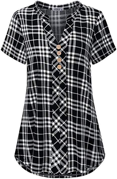 MOQIVGI Womens Notch Neck Short Sleeve Plaid Shirts Checkered Blouse Tops at Amazon Women’s Clothing store Fashion Girl Design, Business Clothes, Summer Pullover, Checkered Blouse, Tops Trendy, Clothes Black, Plaid Shirts, Fashion Tops Blouse, Ladies Short