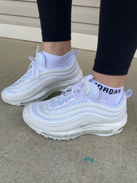 Jordan Socks Outfit, Nike Airmax 97 Ootd Women, Nike Air Max 97 Outfit, Air Max 97 Outfit, Jordan Socks, White Air Max 97, Air Max 97s, Nike Airmax 97, Socks Outfit