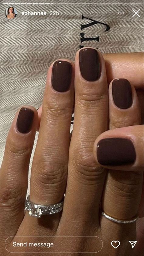 New Years Mani Pedi, Short Acrylic Round Nails, Gel Nails Chocolate Brown, Brown Builder Gel Nails, Short Nails Sns Ideas, Shellac Nails January, Maroon Gel Nails Short, Short Dark Grey Nails, Classy Manicure Short Nails