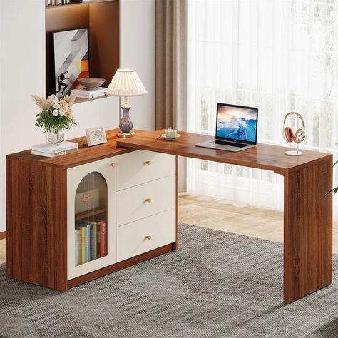 Ebern Designs L Shaped Computer Desk With Drawer Cabinet | Wayfair Corner Home Office, Small Room Desk, Computer Desk With Drawers, L Shaped Computer Desk, L Shaped Office Desk, Large Computer Desk, Wood Office Desk, Small Computer Desk, Corner Desk Office