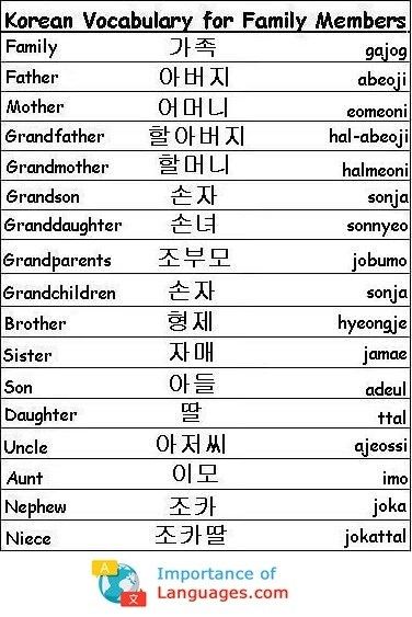 Korean Words for Family Learn Basic Korean Language, Family Korean, Taal Posters, Language Poster, Learning Korean Grammar, Learn Basic Korean, Korean Letters, Bahasa China, Learn Korean Alphabet