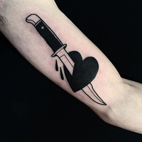 A traditional style tattoo of a knife stabbed heart inked on the left upper inner arm Cute Dragon Tattoo, Small Mermaid Tattoo, Geometric Rose Tattoo, Full Neck Tattoos, Black Heart Tattoos, Traditional Style Tattoo, Knife Tattoo, Matching Sister Tattoos, Tattoo Old School