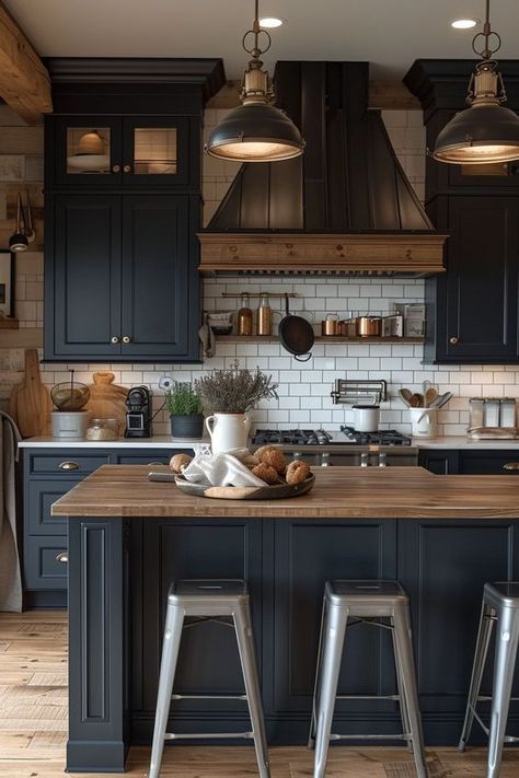 Farmhouse Kitchens With Dark Cabinets, Non Farmhouse Kitchen, Moody Home Decor Kitchen, Navy Kitchen Dark Wood Floor, Kitchen Remodel Rustic Farmhouse Decor, Dark Boho Kitchen Decor, Moody Kitchen Wood Cabinets, Rustic Industrial Decor Kitchen, Moody Rustic Interiors