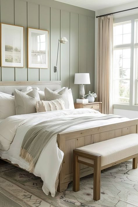 Beige Bed Wall Color, Green And Cream Bedroom Decor, Neutral Bedroom Sage Green, Green And Grey House Interior, Bedding With Light Green Walls, Greige And Green Bedroom, Sage Color Decor, Sage And Beige Aesthetic, Small Bedroom Ideas Sage Green