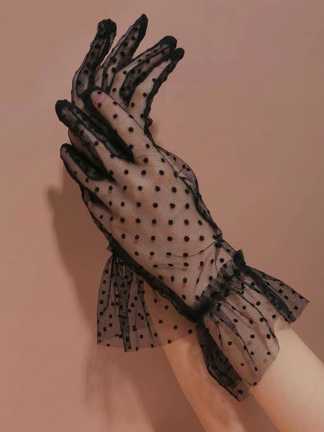 1pair Women Polka Dot Pattern Ruffle Trim Bridal Gloves For Wedding | SHEIN Bernadette Core, Bridgeton Party, Embroidery Plants, Theatrical Romantic Style, White Lace Gloves, Black Lace Gloves, Ring Leader, Flower Tulip, Trims Fashion