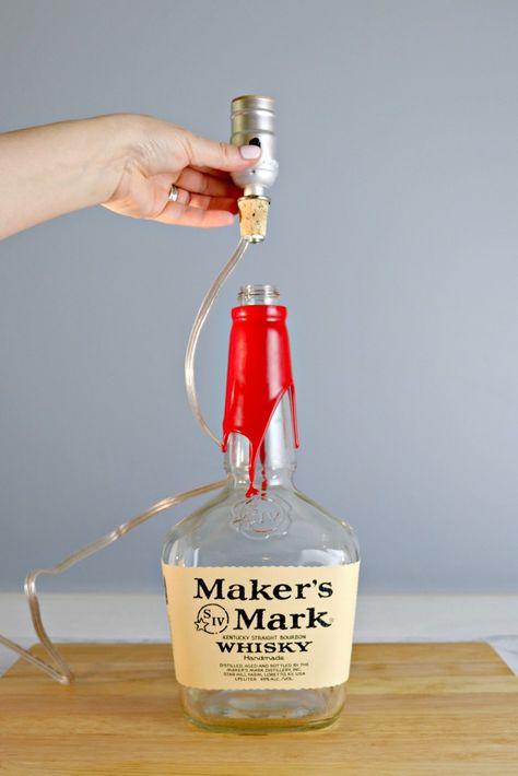 How to Make a Bourbon Bottle Lamp - Mom 4 Real Diy Bottle Lamp How To Make, How To Make A Lamp Out Of A Bottle, Bourbon Bottle Lamp, Bourbon Basement, Bourbon Bottle Crafts, Bourbon Decor, Makers Mark Bottle, Dark Academia Ideas, Whiskey Bottle Crafts