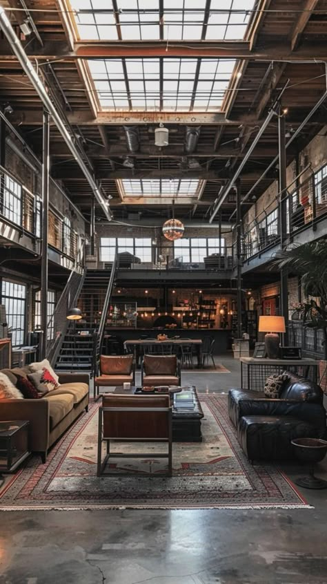 Ny Loft Apartment Industrial, Warehouse Shop Design, Industrial House Aesthetic, Warehouse Living Industrial, New York Loft Apartment Industrial, Industrial Loft Apartment Warehouse Living, Warehouse Home Converted, Brick Loft Apartment, Modern Warehouse Design