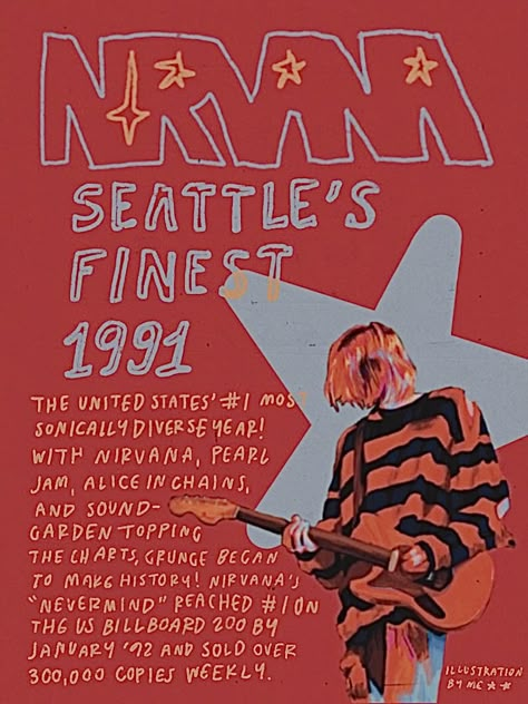 nirvana, band poster, grunge, seattle rock, kurt cobain, illustration, graphic design, digital art, red poster, print, guitar, procreate, drawing, portfolio work, nevermind, pearl jam, alice in chains, soundgarden, star, art, ipad Indie Rock Band Posters, Indie Rock Poster Graphic Design, Indie Band Posters Graphic Design, Live Band Poster Graphic Design, Nirvana Graphic Design, Graphic Design Band Poster, Band Poster Illustration, Band Gig Poster, Band Tour Poster Design