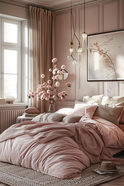 Blush Haven • Morning light pours in, adding a glow to a room awash with blush tones • A luxuriously soft duvet in dusty rose lies in gentle folds, promising warmth and comfort • Delicate pink blossoms in a clear vase whisper of spring, while abstract art adorns the paneled wall • Unique pendant lights dangle with an artistic flair • This sanctuary marries the romance of rosy hues with the sophistication of modern design, creating a dreamy retreat where one can unwind in style. Neutrals And Pink Bedroom, Blush Pink And Brown Bedroom, Blush Pink And Cream Bedroom, Dusty Rose Bedroom Ideas Boho, Blush Pink And Purple Bedroom, Light Pink Modern Bedroom, Rose Colored Bedroom Ideas, Modern Blush Bedroom, Chic Feminine Bedroom