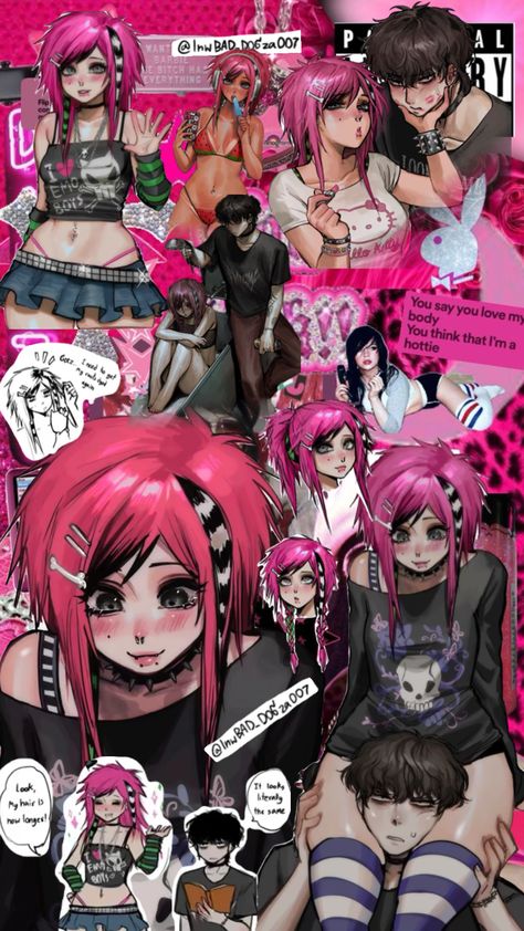 Scene Kid Aesthetic Wallpaper, Emo X Scene, Scenmo Outfits, Scene Girl Drawing, Scene Art Emo, Emo Girl Art, Pink Emo Wallpaper, Scene Kid Wallpaper, Scene Emo Wallpaper