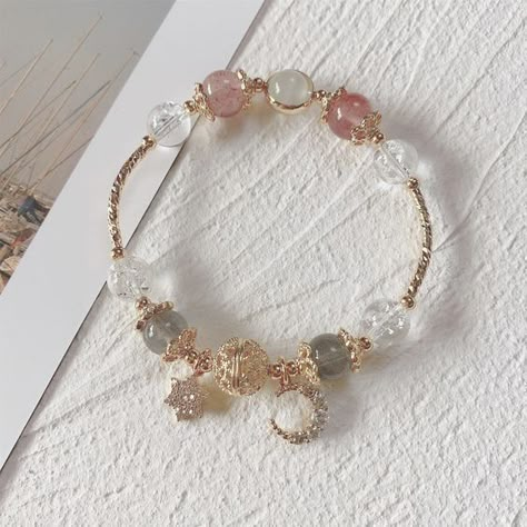 Strawberry Crystal Bracelet Pink Crystal Bracelet Diy Bracelets Beads, Pink Crystal Bracelet, Cutesy Clothes, Strawberry Crystal, Ethereal Jewelry, Girly Bracelets, Pretty Jewelry Necklaces, Bracelets Beads, Beads Bracelet Design