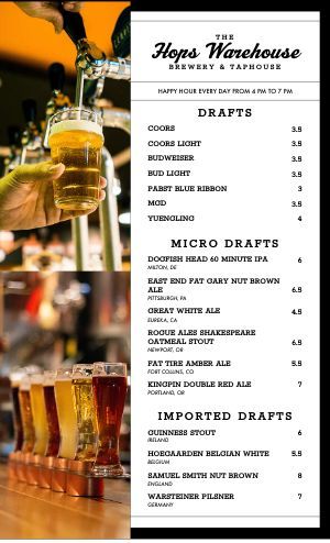 Beer Menu Templates and Designs - MustHaveMenus Beer Menu Design, Sports Bar Ideas, Open A Bar, Juice Bar Menu, Nut Brown Ale, Florida Project, Bar Menu Template, Home Made Beer, Bar Branding