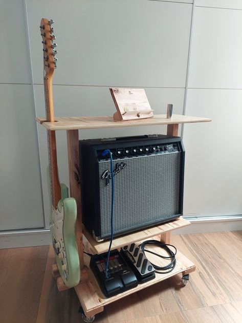 Guitar And Amp Stand, Guitar Pick Display Diy, Diy Guitar Rack, Music Office Decor, Guitar Rack Diy, Guitar Room Ideas, Guitar Organization, Guitar Amp Cabinet, Guitar Amp Stand