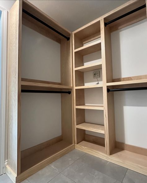 This master bedroom walk-in closet just got a complete makeover. ✨ Check out my latest custom closet system build. With plenty of rods to hang clothes, lots of shelving space and two dedicated shoe shelving units. This closet system was built to utilize every possible space. #closetsystem #closetshelving #closetorganization #closetbuild #organization #closets #wood #woodworking #maker #yesicanbuildthat Closet Not Walk In, Wrap Around Closet Shelves, Efficient Small Closet Layout, Low Budget Closet Ideas, Diy Mens Closet, Bookshelf In A Closet, Wood Shelf Closet, Built In Shelves Closet Organization, Build Out Closet Master Bedrooms