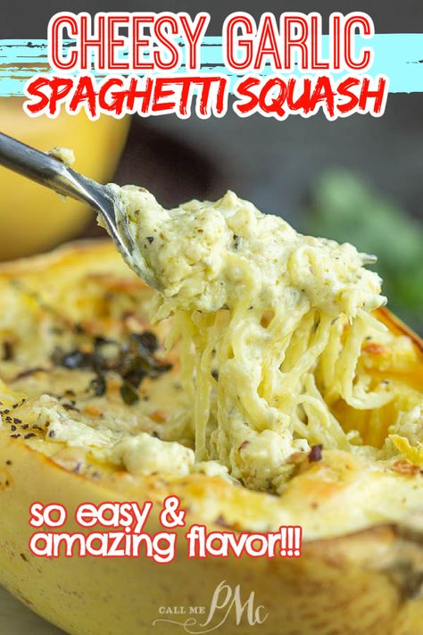 half spaghetti squash with cream cheese and seasoning Cheesy Garlic Spaghetti Squash, Baked Spaghetti Squash Recipes, 3 Ingredients Recipes, Garlic Parmesan Spaghetti Squash, Garlic Spaghetti Squash, Cheesy Spaghetti Squash, Parmesan Spaghetti Squash, Easy Spaghetti Squash, Spaghetti Squash Recipes Healthy