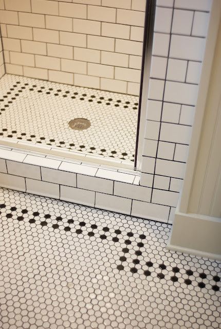 Black and White Hex Tile traditional bathroom                              … White Hexagon Bathroom, Black And White Floor Tiles, White Floor Tiles, White Subway Tile Bathroom, Makeover Kamar Mandi, Black And White Floor, Patterned Bathroom Tiles, Vintage Bathroom Tile, Black And White Tile