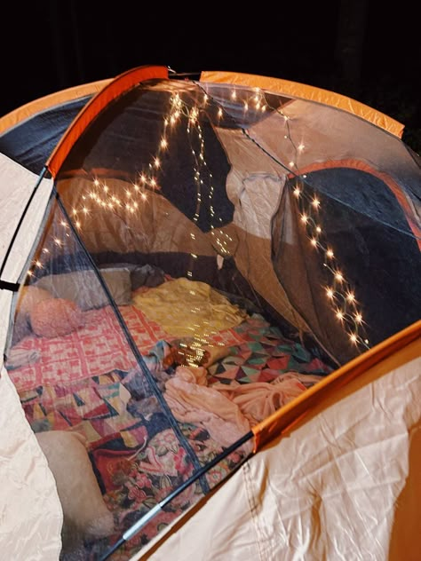 Decorated Tents Camping, Small Tent Set Up Ideas Inside, Camp Out Sleepover Party, Cozy Tent Camping Ideas, Camping In Backyard Ideas, Aesthetic Tent Sleepover, Small Tent Camping, Cute Tent Ideas Camping, Tent Decorations Camping