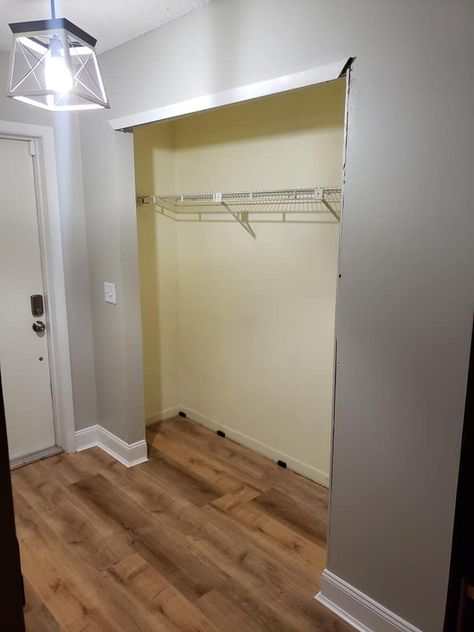 DIY Turning a Closet into a Mudroom Coat Closet Makeover Entryway Bifold, Closet Front Door Ideas, Open Front Hall Closet Ideas, Turning A Small Closet Into A Mudroom, Entry Closet Into Mudroom, Mudroom Closet Transformation, How To Make A Mud Room Out Of A Closet, Closets Into Mud Rooms, Adding A Coat Closet