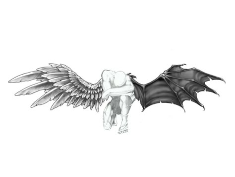 Angel And Demon Chest Tattoo, Half Angel Half Demon Tattoo For Men, Demon Angel Wings Tattoo, Angel Demon Tattoo Men, Wing Tattoos On Back Women, Angel Demon Wings Tattoo, Demon Wing Tattoo, Angel And Demon Wings Tattoo, Angel And Devil Wings Tattoo