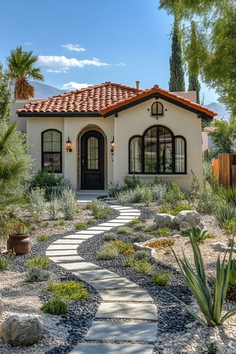 Mediterranean Bungalow Exterior, Home Front Design Indian, Indian Village House, Spanish Style Exterior, Indian House Exterior Design, Farm Style House, Hacienda Homes, Spanish Revival Home, Design Backyard