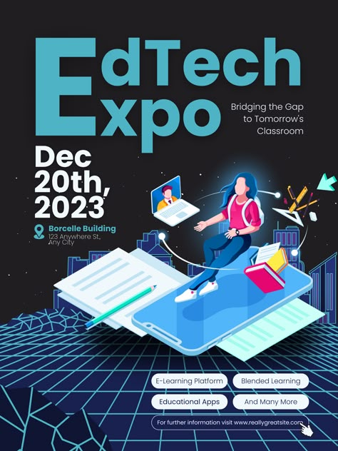 This poster for educational technology exhibition event that can edit with canva website. So if you want to use this design, please kindly move to canva website with this link that we add on this post. Education Expo Poster, E Poster Template, Tech Graphic Design Poster, Exhibition Social Media Post, Tech Fest Poster, Futuristic Pubmat, Technology Event Poster, Event Poster Design Inspiration Graphics, Tech Poster Design Inspiration