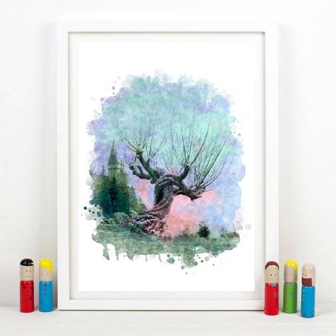 Harry Potter Watercolor Art, Watercolor Art Harry Potter, Harry Potter Watercolour Painting, Harry Potter Landscape Painting, Willow Watercolor, Watercolour Harry Potter Tattoos, Whomping Willow, Harry Potter Wall Art, Harry Potter Painting