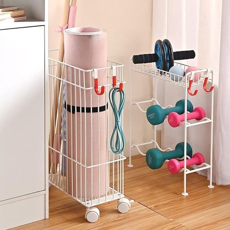 Amazon.com : PLKOW Home Gym Storage Yoga Mat Holder Dumbbell Rack for Small Dumbbells Kettl-bells Foam Roller and Resistance Bands, Workout Equipment Storage Organizer with Wheels and Hooks, 2-Pack, White : Sports & Outdoors Workout Equipment Storage, Gym Equipment Storage, Resistance Bands Workout, Yoga Storage, Home Gym Organization, Sports Equipment Storage, Gym Organizer, Home Gym Storage, Gym Storage