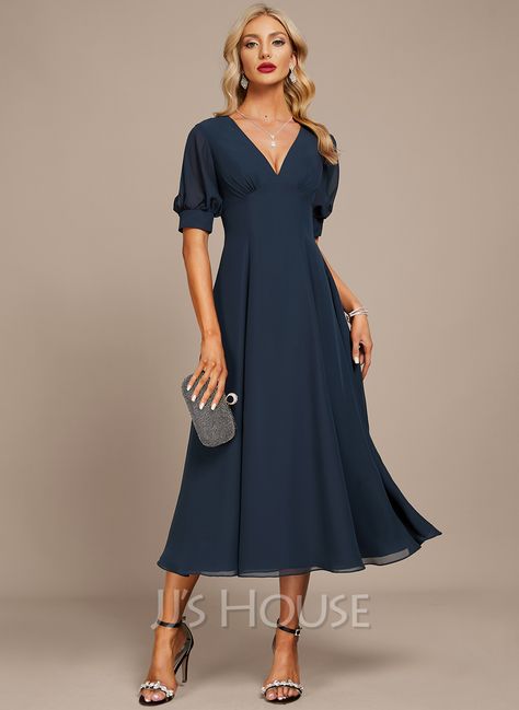 A-line V-Neck Tea-Length Chiffon Evening Dress With Pleated (017271450) - JJ's House Tea Length Cocktail Dresses, Chiffon Ruffle Dress, Cocktail Dresses Online, V Neck Cocktail Dress, A Line Cocktail Dress, Chiffon Cocktail Dress, Mother Of Groom Dresses, Chiffon Evening Dresses, Mob Dresses