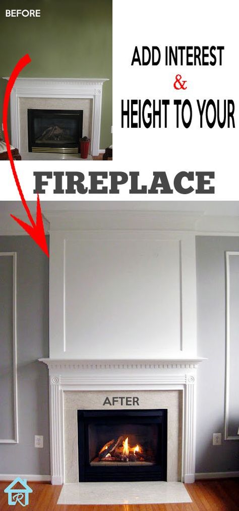 Easy way to add interest and height to your fireplace Fireplace Redo, Fireplace Update, Faux Fireplace, Fireplace Remodel, Home Fireplace, Fireplace Makeover, The Fireplace, House Remodel, Fireplace Wall