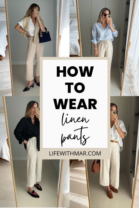 What to Wear with Linen Pants: 20  Cute Outfit Ideas - Life with Mar Linen Pants Outfit Office, Cream Color Pants Outfit, Neutral Pants Outfit, Linen Black Pants Outfit, Black Linen Pants Outfit Work, Linen Pants Outfit Women, Cream Linen Pants Outfit, Linen Pant Outfits, Neutral Outfits Women