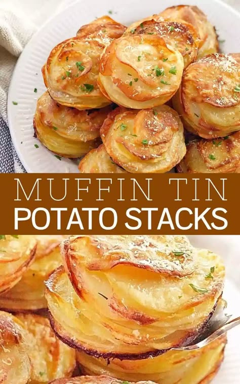 Parmesan Potato Stacks, Potato Stacks, Gratin Potatoes, Tin Recipes, Potato Recipes Side Dishes, Muffin Tin Recipes, Potato Sides, Potato Side Dishes, Idee Pasto Sano