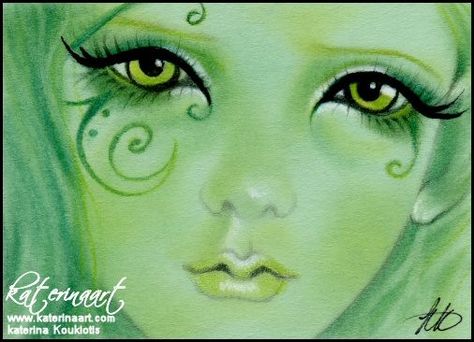 The Green Fairy ACEO by Katerina Koukiotis | ArtWanted.com The Green Fairy, Fairy Halloween Costumes, Halloween Makeup Inspiration, Big Eyes Art, Green Fairy, Fairy Makeup, Art Painting Gallery, Fairy Costume, Fantasy Makeup