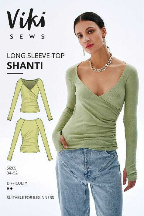 Create Your Style with the Exclusive Vikisews Shanti Long Sleeve Top Sewing Pattern! Long Sleeve Top Sewing Pattern, Flare Sleeves Pattern, Long Sleeve Shirt Pattern, Shirt Sewing Pattern, Top Sewing, Shirts And Blouses, Top Sewing Pattern, Winter Tops, Sleeves Pattern