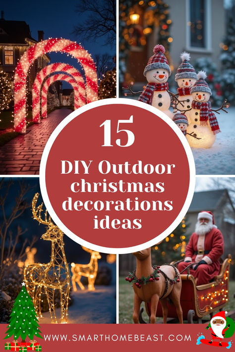 n image showcasing a collection of DIY outdoor Christmas decorations, featuring illuminated candy cane arches, cheerful snowmen dressed in winter attire, glowing reindeer figures, and a Santa figure in a sleigh, all creating a magical and festive atmosphere for the holiday season. Decorating Yard For Christmas, Winter Wonderland Decorations Christmas Outdoor, Winter Wonderland Outdoor Decorations Diy, Outdoor Winter Wonderland Ideas, Outdoor Christmas Yard Ideas, Christmas Decoration Ideas Outdoor, Winter Wonderland Christmas Outdoor Decorating Ideas, Diy Outdoor Reindeer, Rooftop Christmas Decorations